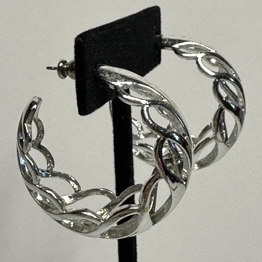 Vintage Silver Tone Braided Hoop Earrings‎ Openwork Chunky Twist